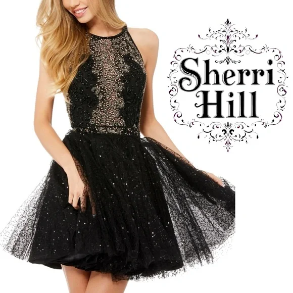 Sherri Hill 52272 Black 
Beaded Halter sequin tulle cocktail party mini dress 6 - Picture 5 of 9